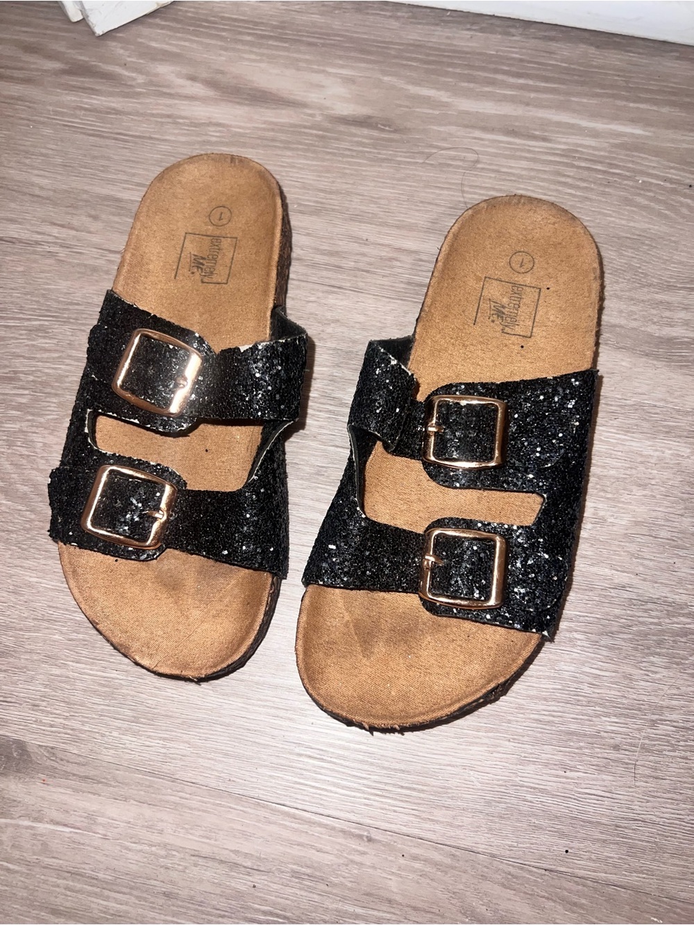 Black Glitter Double-Buckle Slide Sandals
